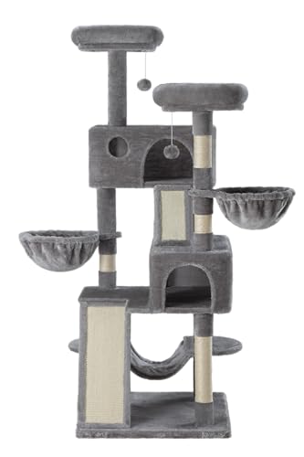 SHA CERLIN 65in Larger Cat Tree Tower Condo for Indoor Cats, Multi-Level Furniture Activity Center with Wide Base/Cozy Plush Cat Perches/Baskets/Sisal Scratching Posts and Hammock/Grey