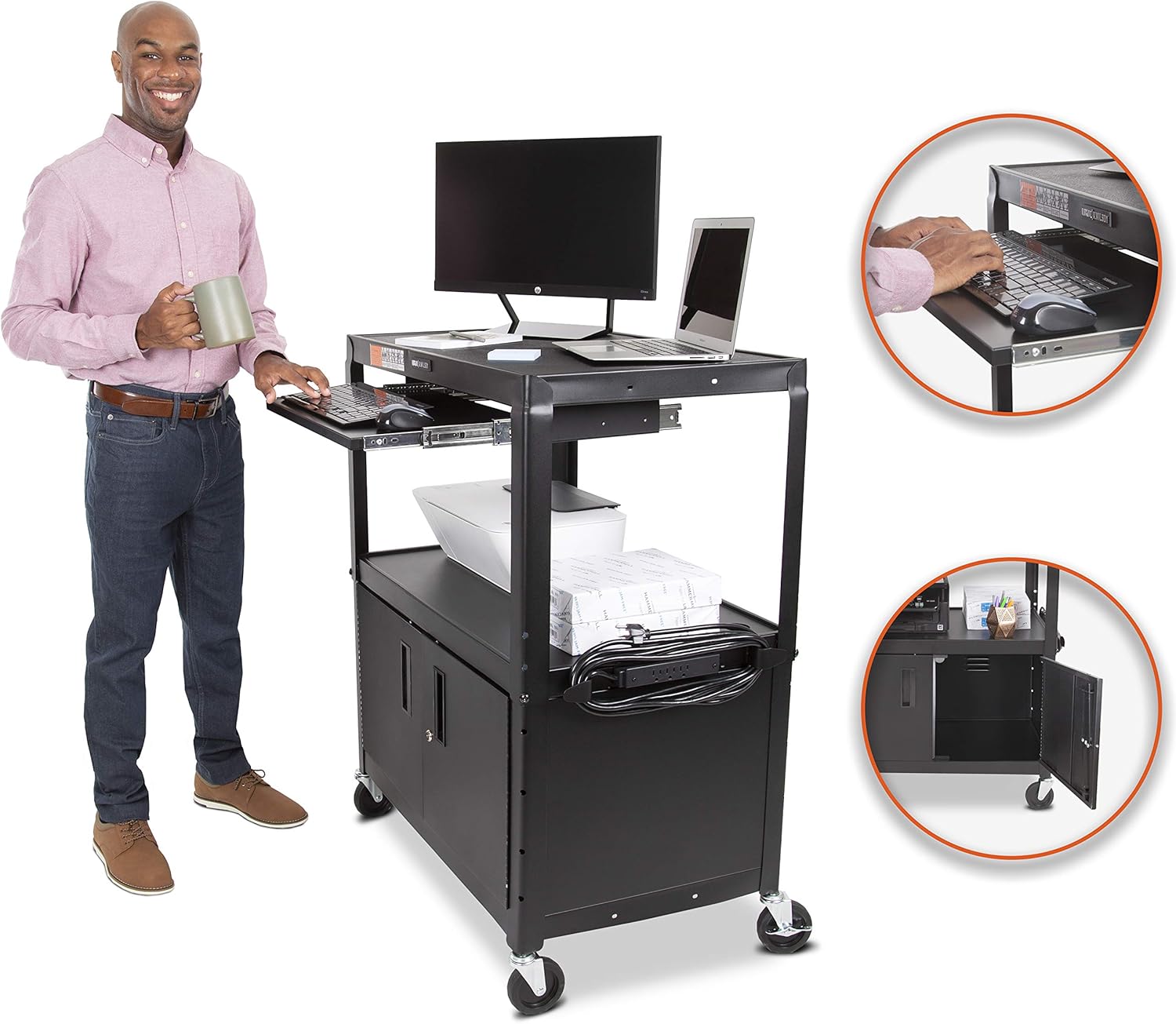 Line Leader Large AV Cart with Locking Cabinet | Height Adjustable Utility Cart | Includes Pullout Keyboard Tray & Cord Management | Easy Assembly (32in x 18in x 42in / Black)