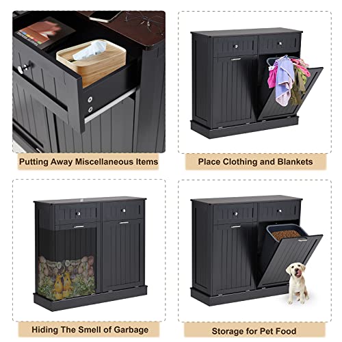 Tilt Out Trash Cabinet, Kitchen Trash Cabinet with Hideaway Drawer, Free Standing Trash Can Holder Cabinet with Storage, Wooden Hidden Trash Can with Bamboo Cutting Board, Dog Proof(White)