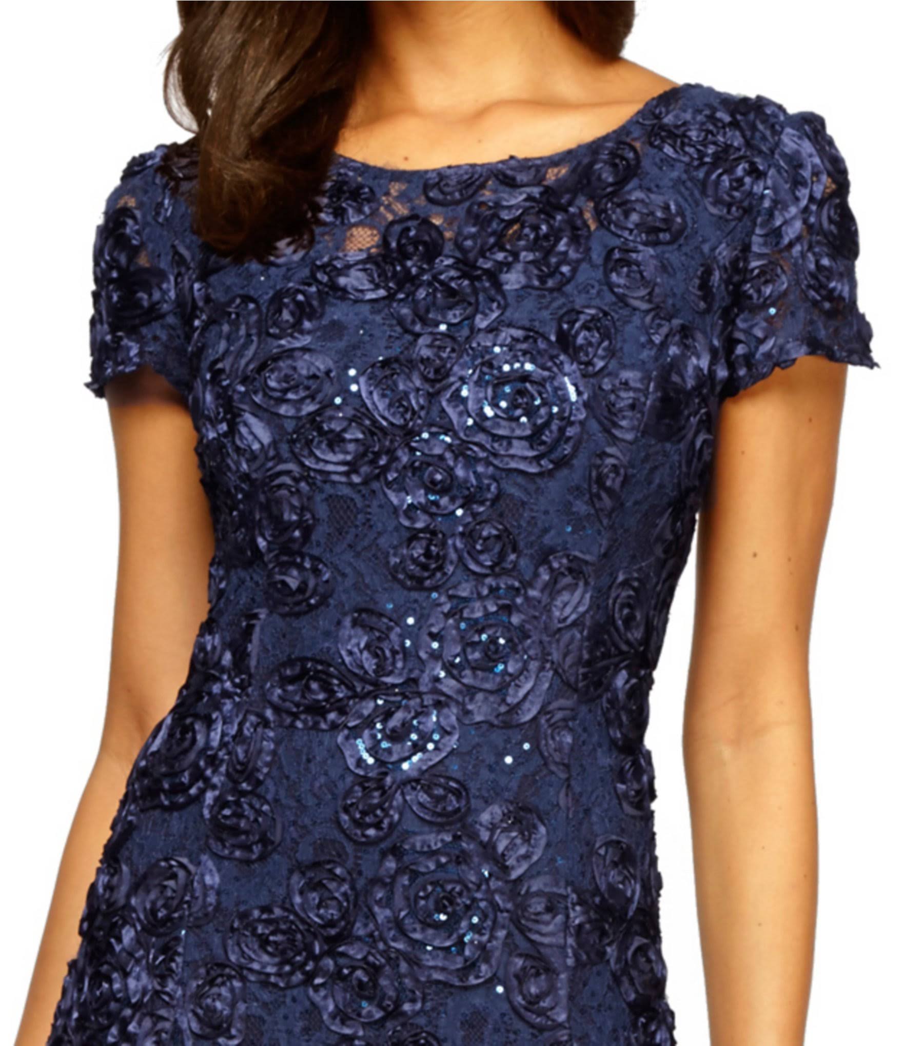 Alex Evenings Petite Rosette Lace A-Line Gown - Navy