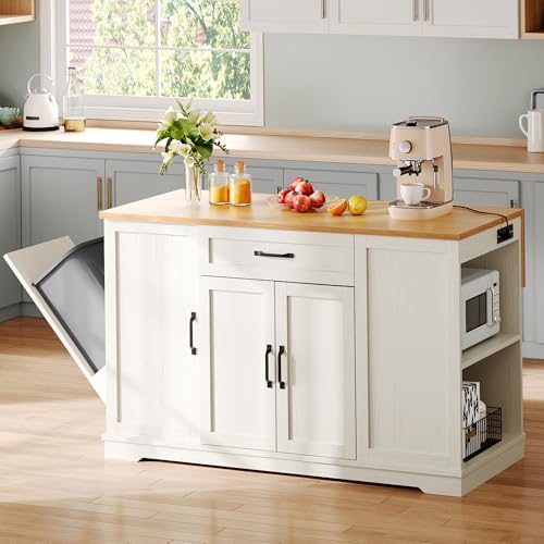 YITAHOME 50" Rolling Kitchen Island with Power Outlet & Drop Leaf, Mobile Storage Islands with Trash Can Cabinet, Microwave Rack Serving Cart on Wheels with Spice Rack, Retro White