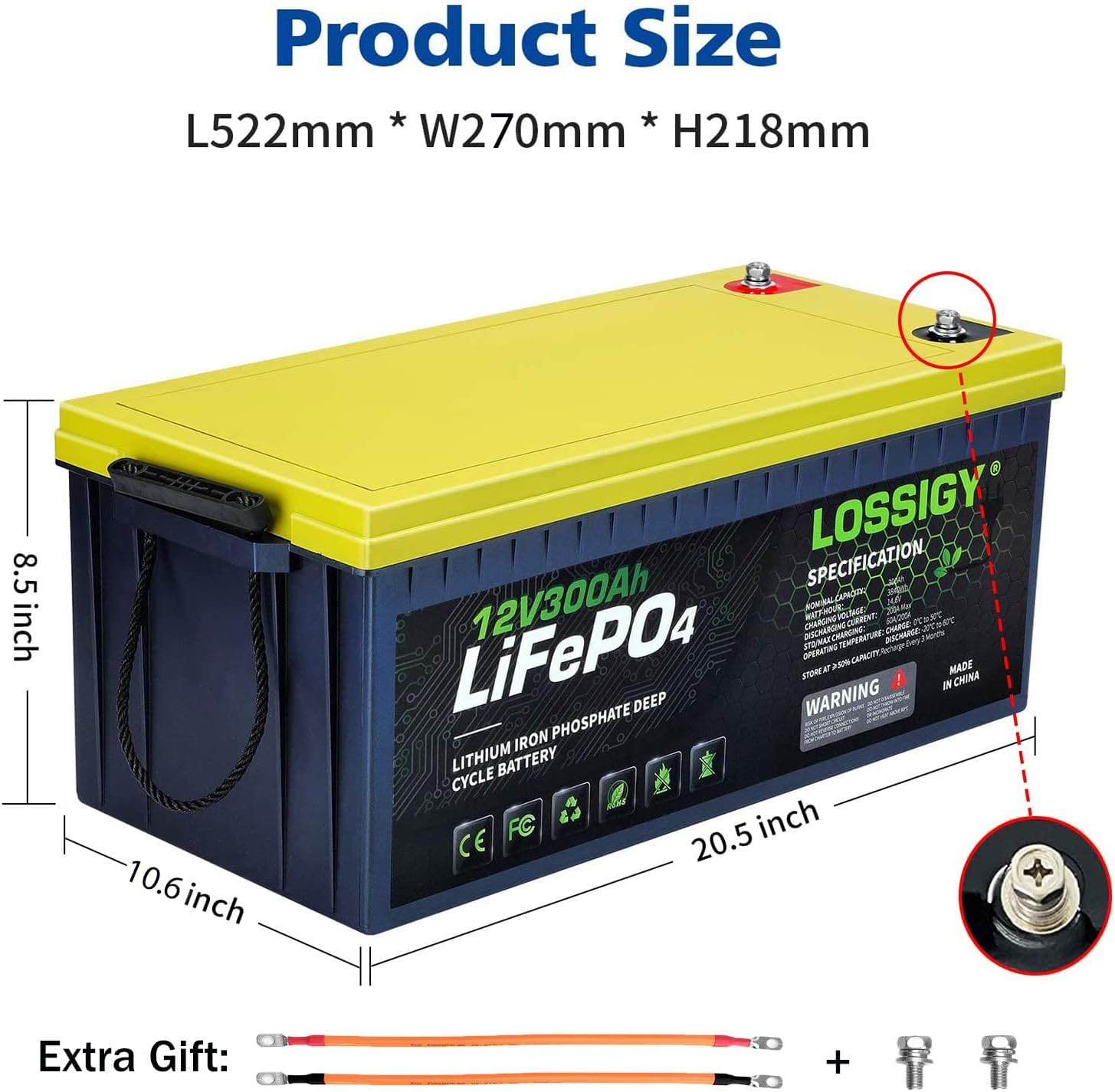 LOSSIGY LiFePO4 Battery 12V 200Ah Deep Cycle Lithium Ion Battery, Built-in 100A BMS, 4000+ Cycles, 280Amp Max, Perfectly replace all RV, Solar systems, Marine Batteries Application, Maintenance-Free