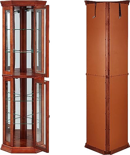 Lighted Curio Cabinet, Wooden Corner Display Cabinet Adjustable Tempered Glass Shelves, Floor Stand Collection Art Display Rack for Bar or Living Room - Walnut (Light bulb not included)