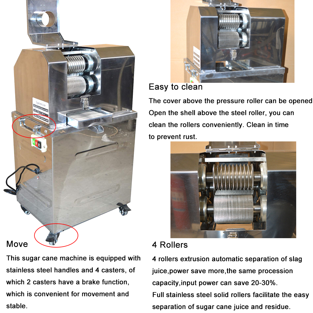 PreAsion Vertical Electric Sugarcane Juicer Juice Press Machine 4 Rollers Stainless Steel Silver