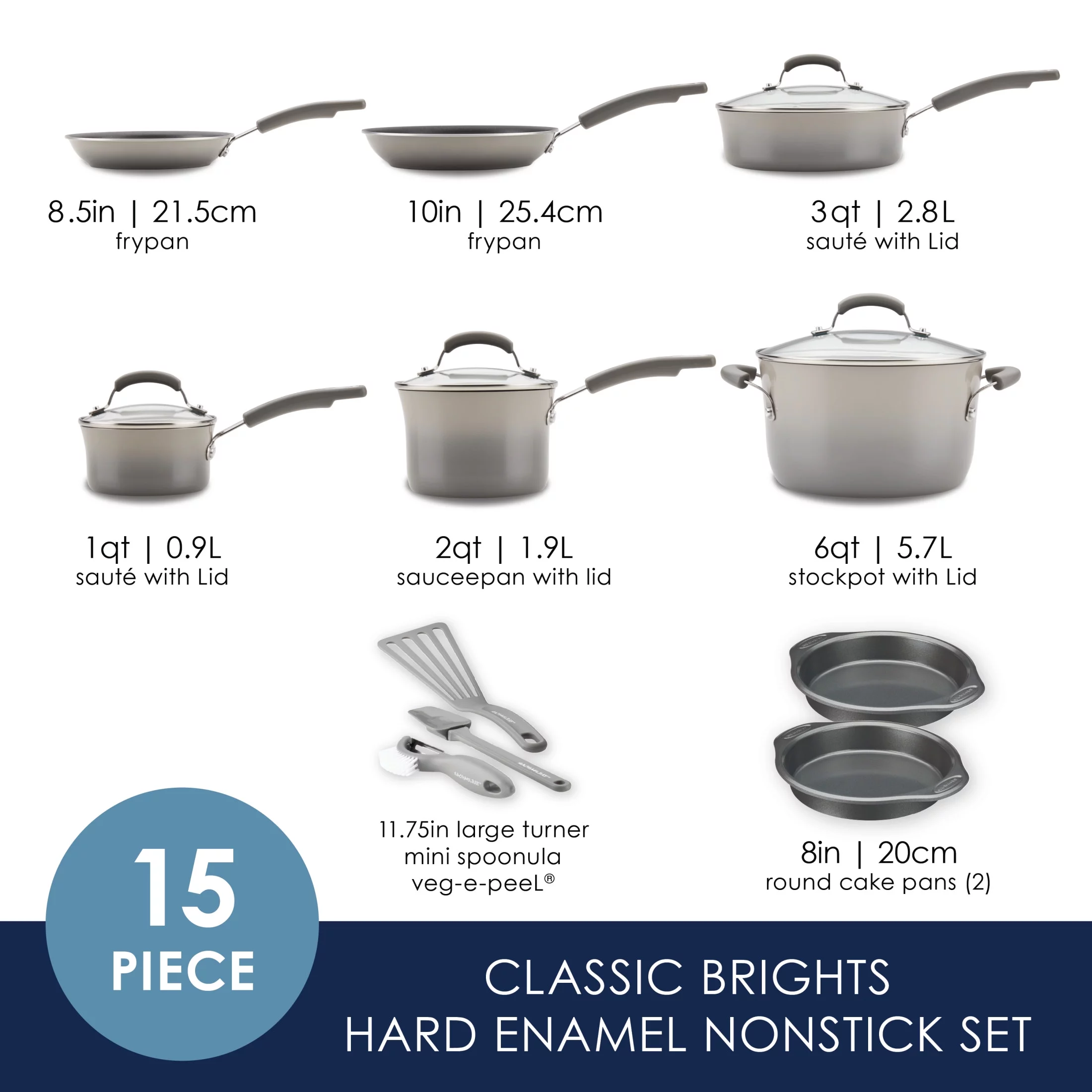 Rachael Ray 15 Piece Hard Enamel Nonstick Pots and Pans Set, Gray