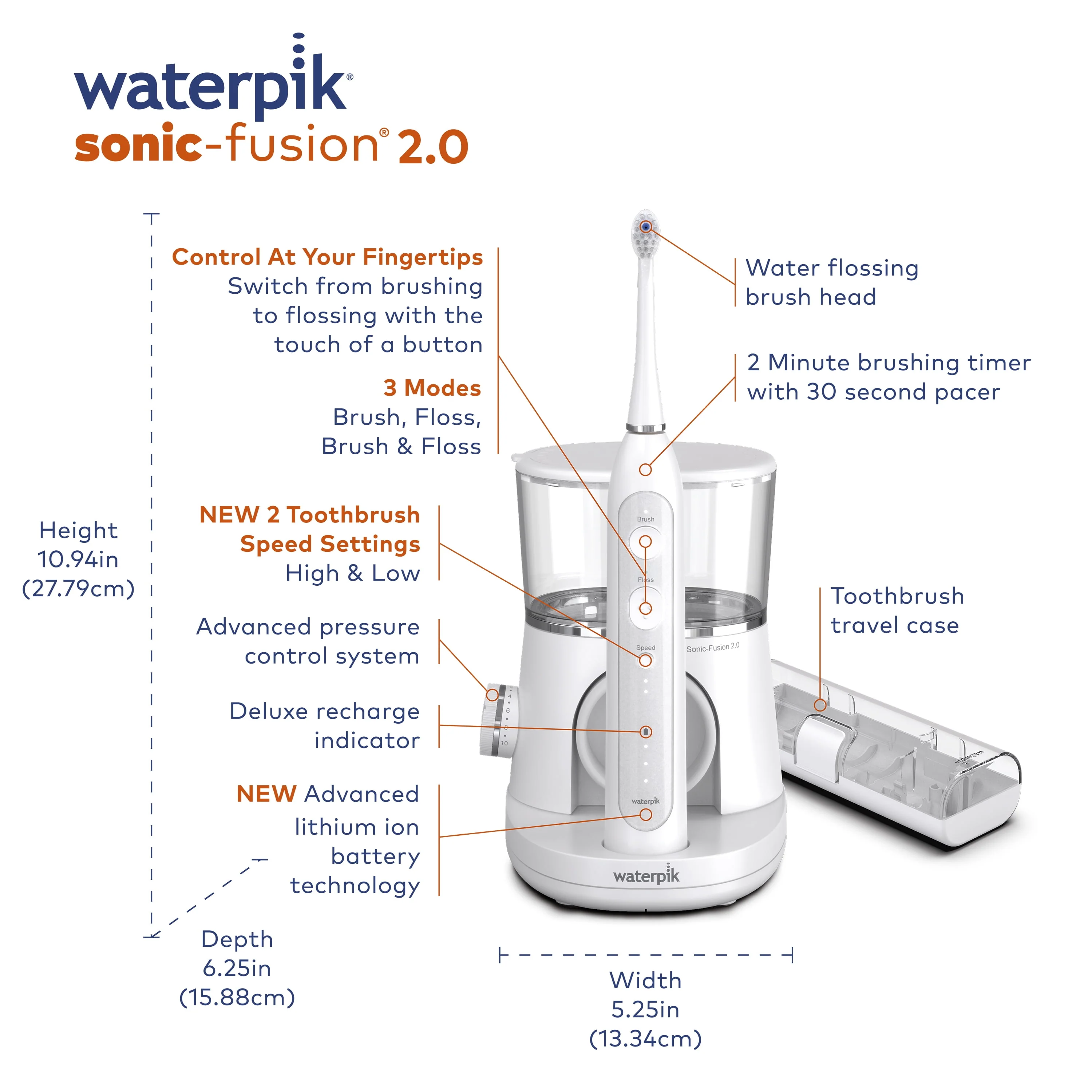 Waterpik Sonic-Fusion 2.0 Flossing Toothbrush, Electric Toothbrush & Water Flosser Combo, White
