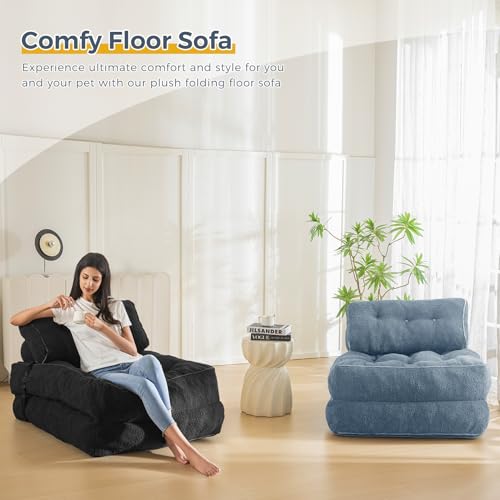MAXYOYO Folding Sofa Bed, Convertible Sleeper Chair with Pillow Foldable Mattress with Back Support, Portable Fold Out Sofa Couch Fuzzy Fabric Comfy Floor Sofa Lounge for Living Room Apartment, Beige