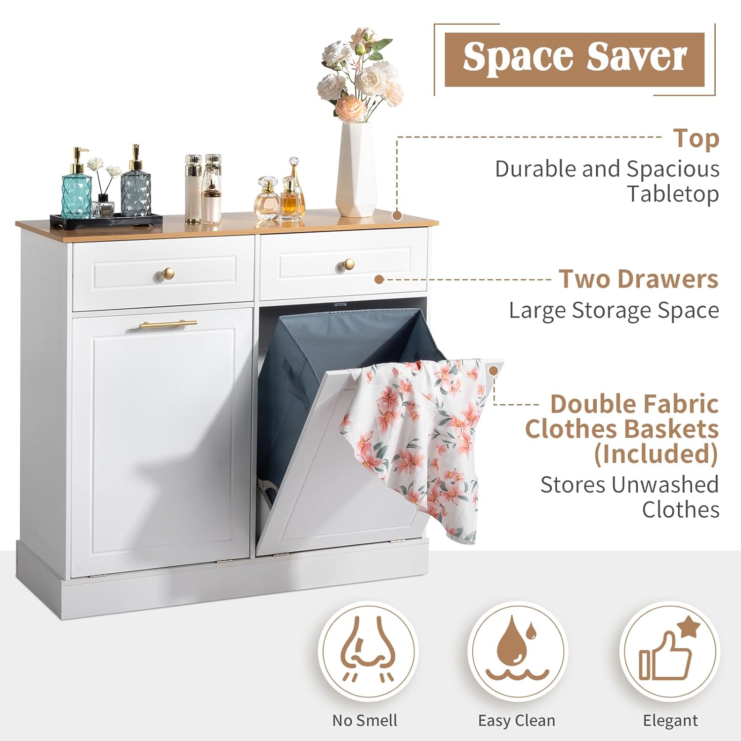 Kitchen Trash Can Cabinet - Freestanding Garbage Storage Cabinet - Tilt Out Trash Cabinet with Drawer and Laundry Hamper - Pet-Proof Recycling Trash Bin Cabinet - 2 Doors 2 Drawers 2 Baskets - White