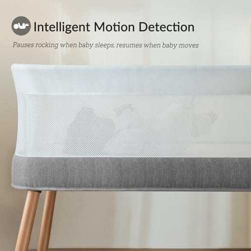Rocking Bassinet for Baby 3 Speeds, Smart Motion Detection, Electric Bedside Sleeper with 8 Soothing Music, Auto Bedside Crib for Infant, Grey