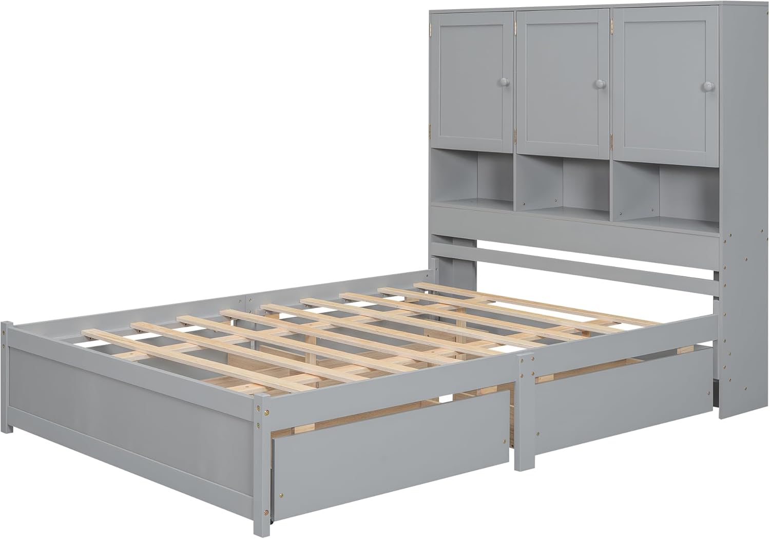 Queen Size Bed Frame, Wooden Platform Bedframe with Storage Headboard, 4 Drawers and Cabinets, No Box Spring Needed, Gray