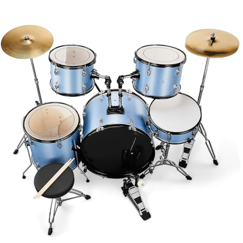 Ktaxon 22 Inch Adult Drum Set, 5-Piece Full-Size Drums Kit with Cymbal Stands, Hi-hat Stand, Sticks, Drum Pedal, Stool & Floor Tom for Beginner Teens Student (Blue)