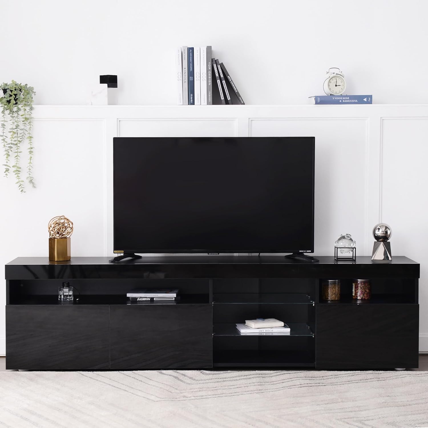 Modern Design TV Stands for TVs up to 80'', LED Light Entertainment Center, Media Console with Multi-Functional Storage, TV cabinet for Living room,Bedroom, Home Theatre (Black)