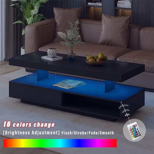 LED Coffee Table with Drawer, Modern High Gloss Coffee Table with 2-tiers Storage, Living Room Table (Black)
