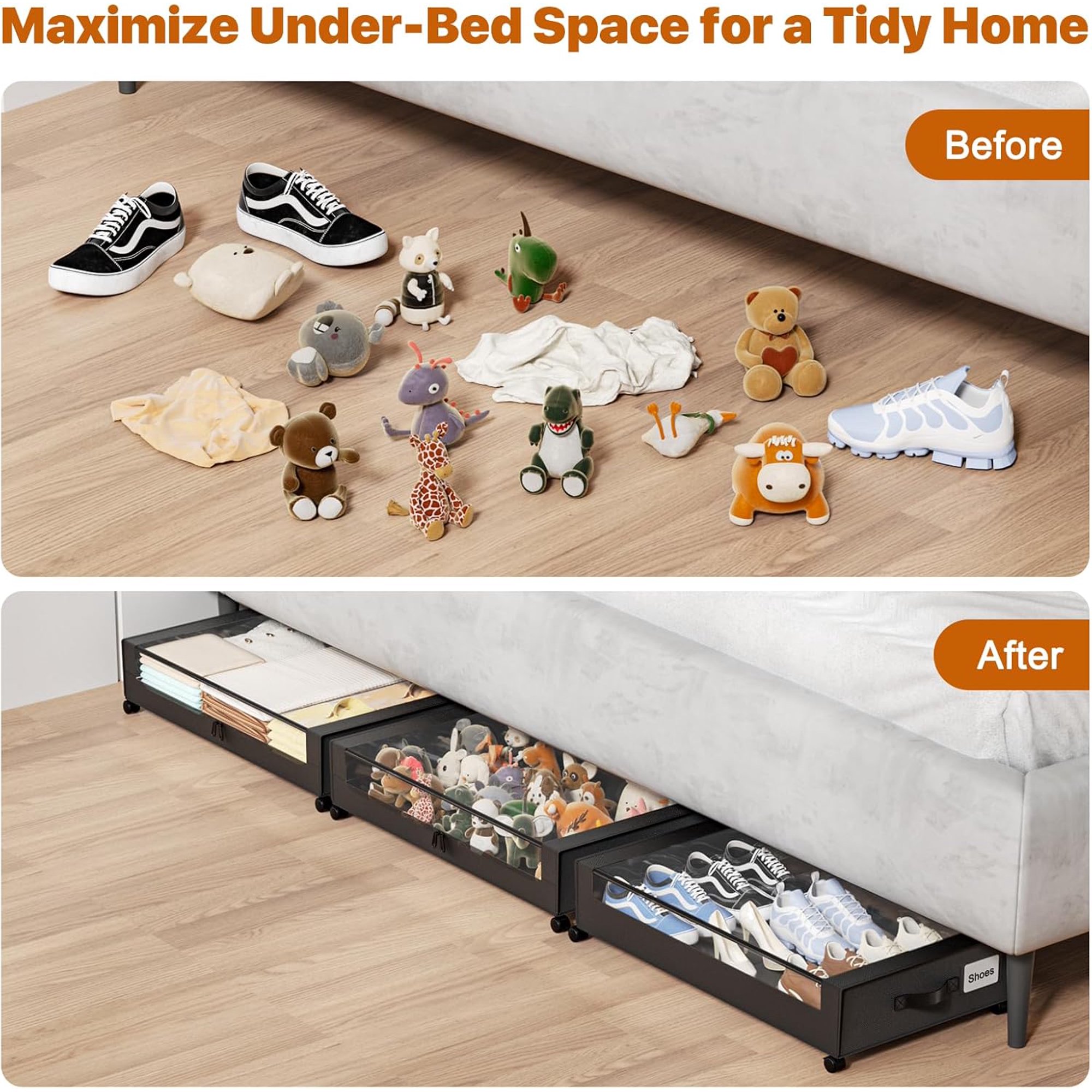 Under Bed Storage with Wheels, 4 Pack Under Bed Storage Containers with Clear Lids, XXL 60L Under-Bed Organizers for Clothes, Shoes – Durable Storage Bins with Smooth Rolling Wheels (White, 4 Pack)