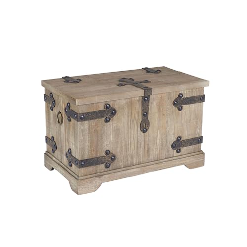 Household Essentials Decorative Trunk, Rustic, Large, Wood Frame and Metal Siding, Spacious and Handmade, Fully Opening Lid, Black Interior, Driftwood and Silver