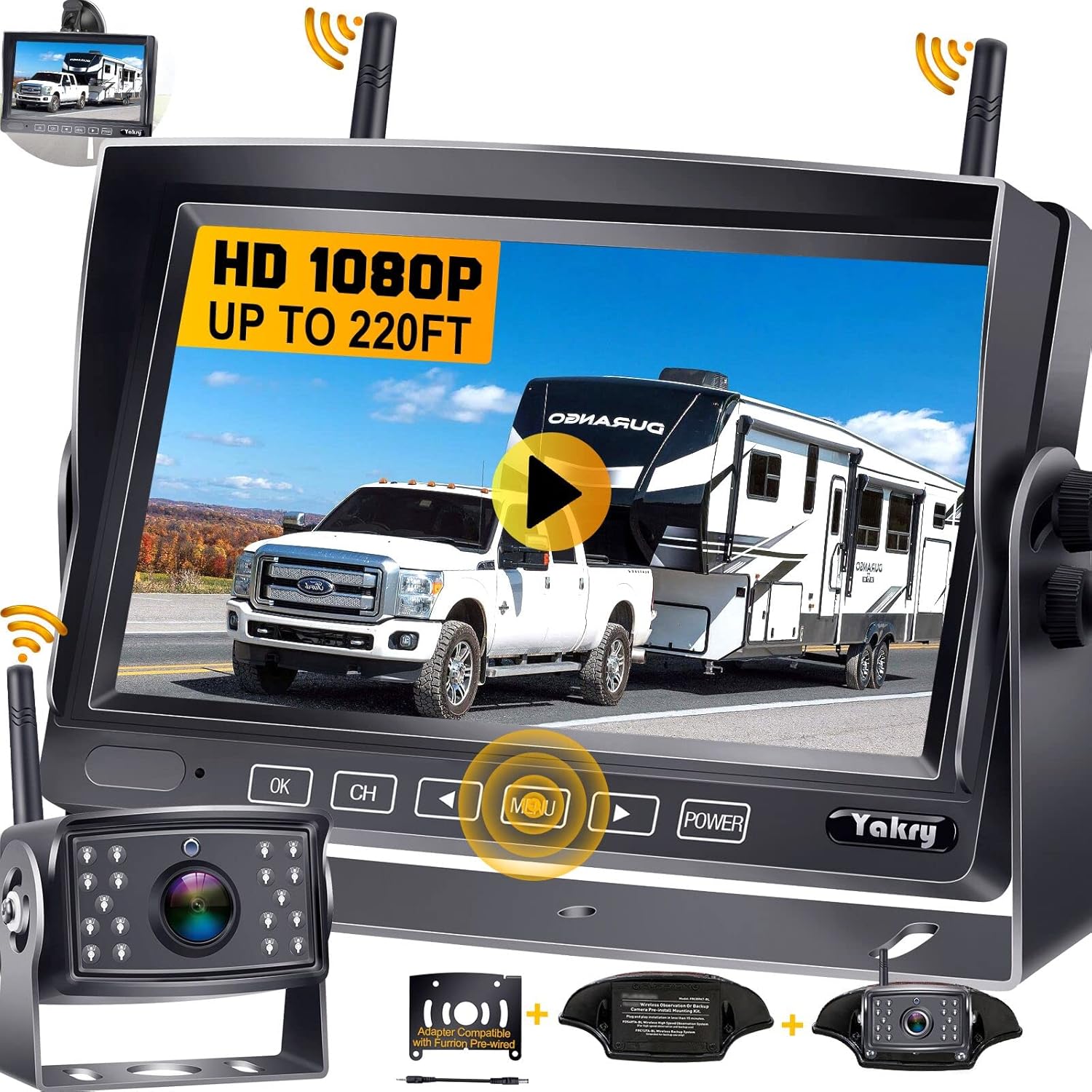 Wireless Backup Camera RV HD 1080P 7 Inch Monitor for Truck Four Channels DVR Recorder Bluetooth Rear View System Night Vision Yakry Y31