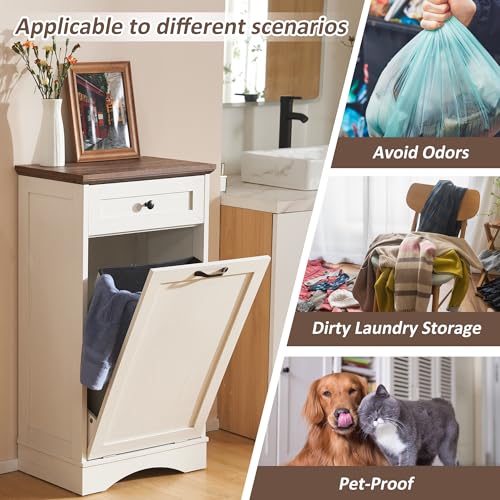 AHB 13 Gallons Tilt Out Trash Cabinet Free Standing Kitchen Trash Cabinet Recycling Garbage Cabinet with Hideaway Drawer Pet Proof Trash Can Holder for Kitchen Living Room, White