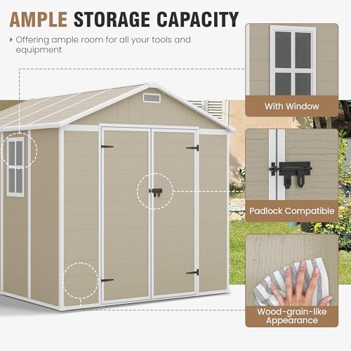 Outdoor Storage Shed, 6x6 FT Resin Shed with Floor and Lockable Door, Window, Vents, Tool Sheds and Outdoor Storage for Bike, Garden Accessories, Tools, Waterproof (Grey & White)