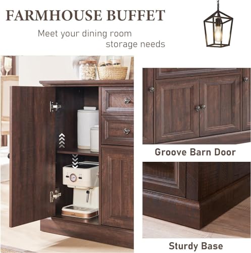 Farmhouse 58" Buffet Cabinet with Storage, 34" Tall Coffee Bar Cabinet w/2 Large Drawers & 4 Grooved Barn Doors, Wood Rustic Sideboard Buffet Cabinet for Dinning Room, Kitchen, Living Room,Brown