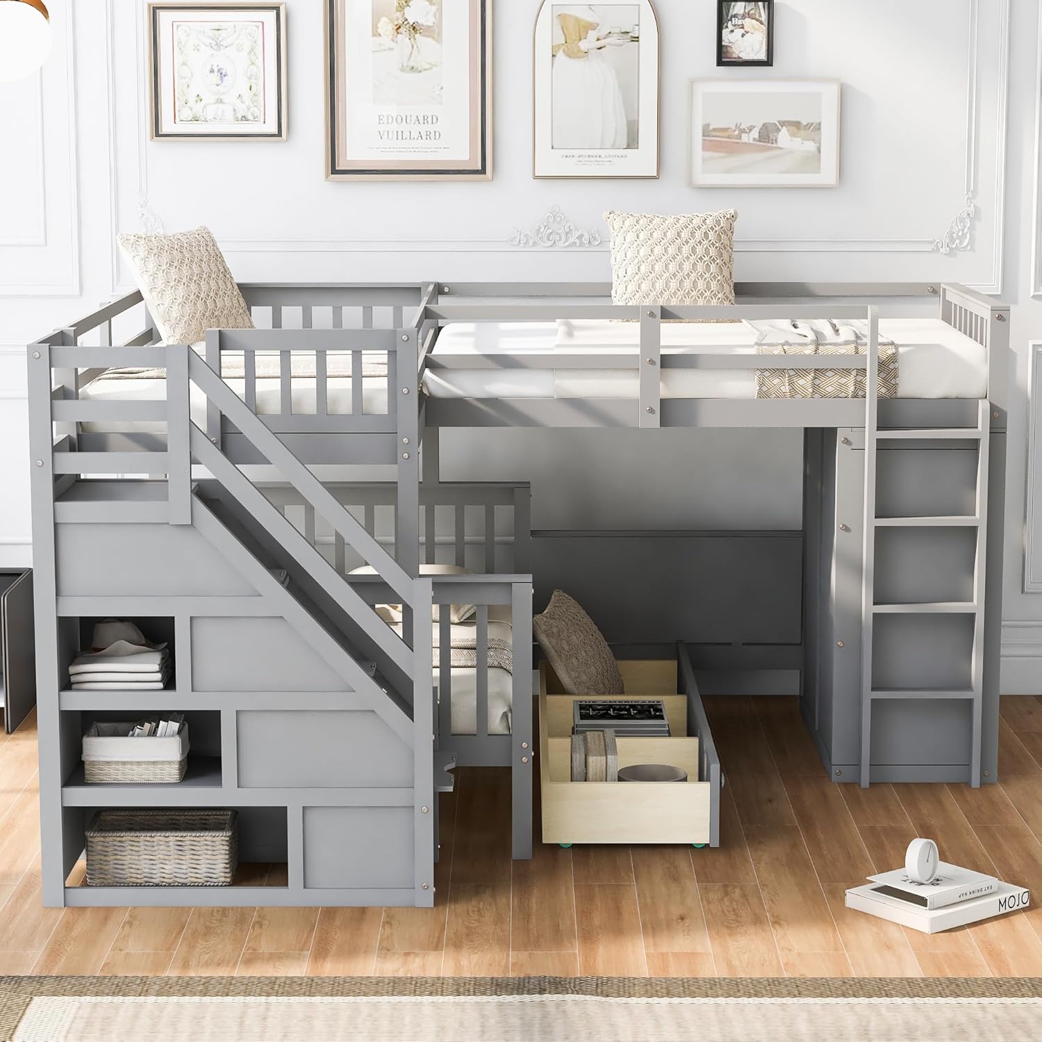 Twin Over Twin Over Full Triple Bunk Bed with Stairs Storage, Portable Desk, Wardrobe and 3 Drawers, L-Shaped Stairway Wooden Bunkbeds, for Kids Teens Adults, Bedroom/Dorm Furniture, Gray