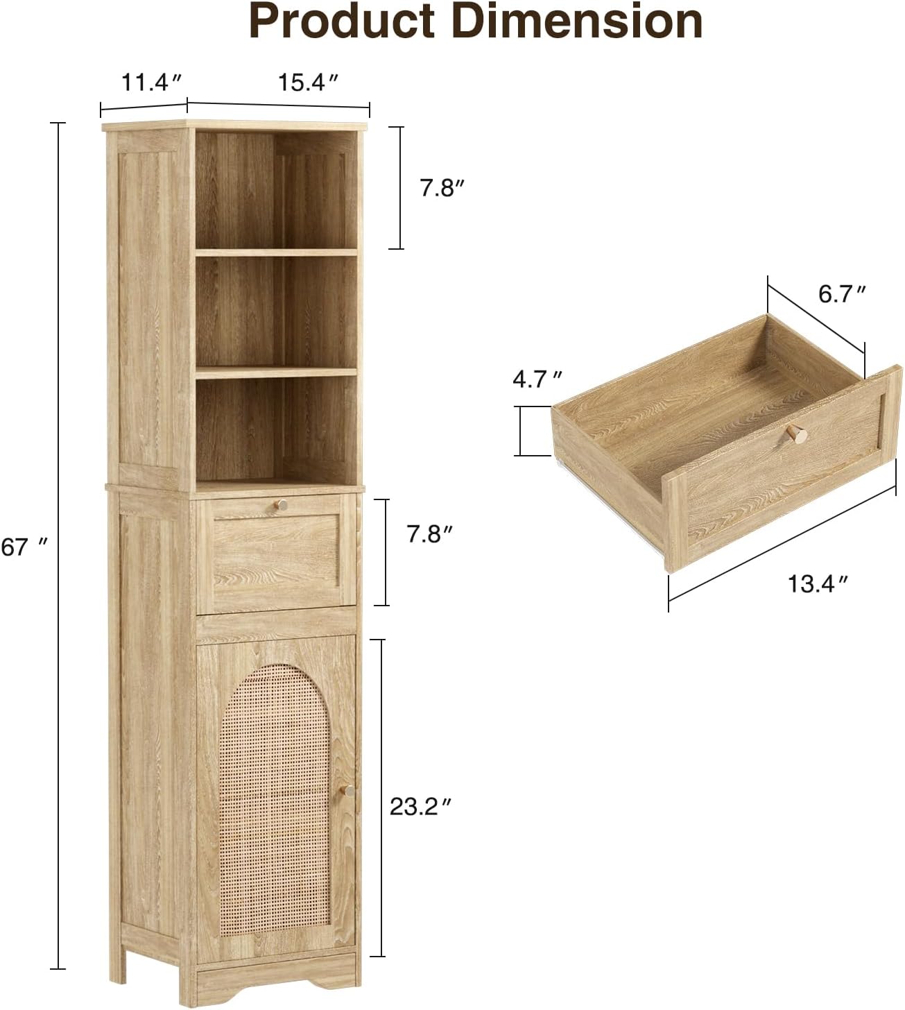 67''H Linen Bathroom Storage Cabinet with Rattan Doors & Drawer, Tall Narrow Standing Tower Cabinet with Adjustable Shelves, Small Bathroom Floor Cabinet for Entryway, Kitchen, Natural
