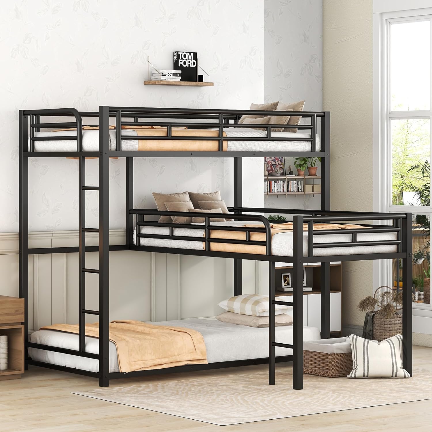L-Shaped Triple Bunk Bed, Heavy Duty Metal Twin Size Bunk Bed with Ladder and High Guardrail, Triple Bunk Bed for 3 Kids Teens Adults, Space Saving, No Box Spring Needed, Black