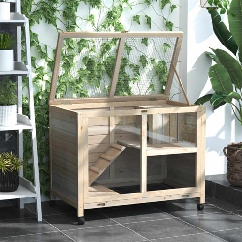 Wooden Rabbit Hutch - Bunny House and Guinea Pig Cage - Rabbit House with Tray and Wheels - Rabbit Cage with Ramp - Openable Roof with Easy-Open Latch - Pet House for Small Animals - Blue & White