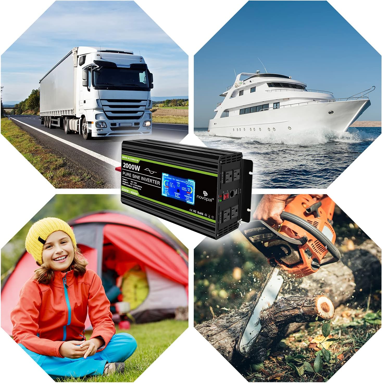Novopal 2000 Watt Pure Sine Wave Power Inverter 12V DC to 110V/120V AC Converter- 4 AC Outlets Car Inverter with 1 USB Port-Remote Control and LCD Display Dual Cooling Fans Inverter for CPAP RV
