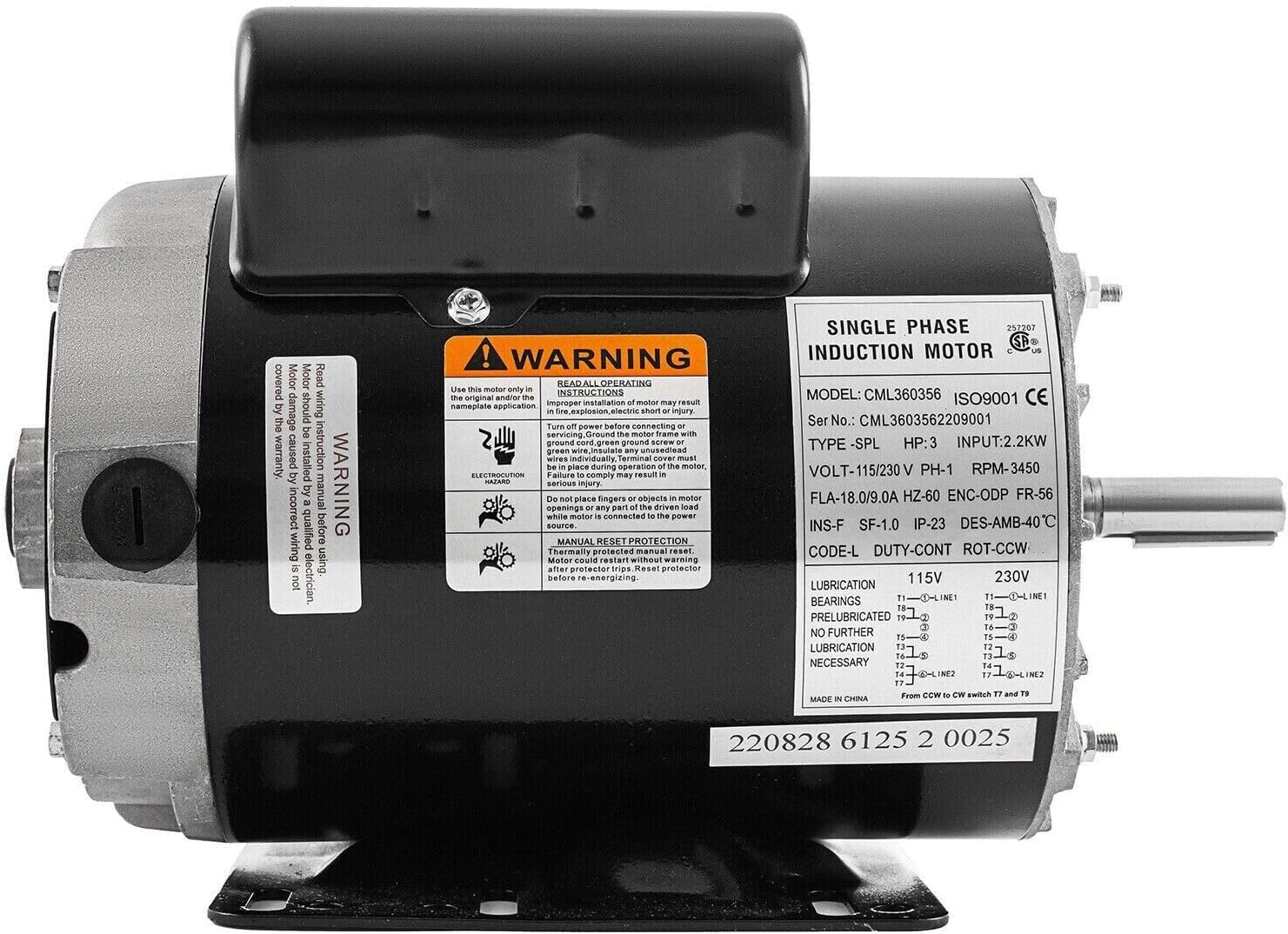 3HP Air Compressor Electric Motor,56 Frame 3450 RPM 60Hz Electric Motor,115V/230V Single Phase AC Motor for Air Compressors