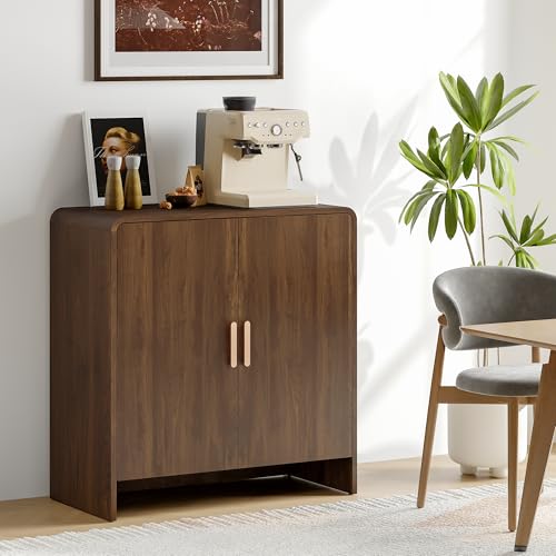 60" Sideboard Buffet Cabinet with Storage, Curved Design Farmhouse Coffee Bar Cabinet with 4 Doors & Adjustable Shelves for Living Room, Kitchen, Hallway, Walnut