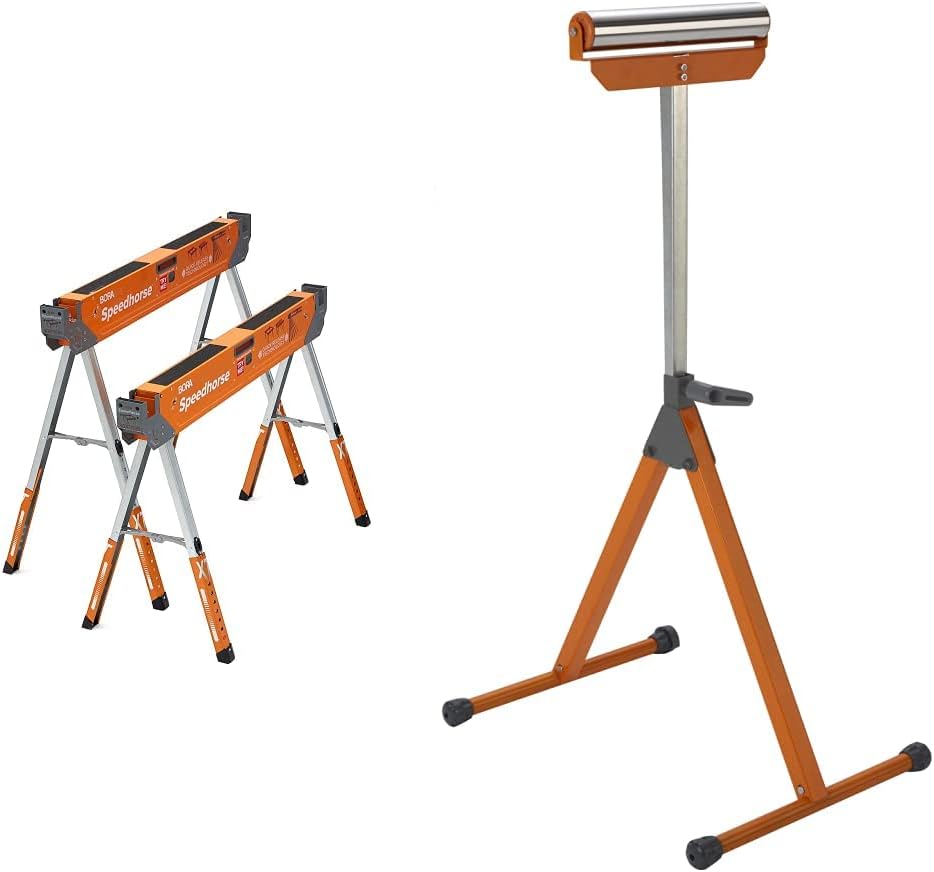 Bora Portamate Speedhorse XT Adjustable Height Sawhorse Pair- Two pack, 30-36 inch height adjustable Legs, Metal Top for 2x4, Heavy Duty Pro Bench Saw Horse for Contractors, Carpenters - PM-4550T