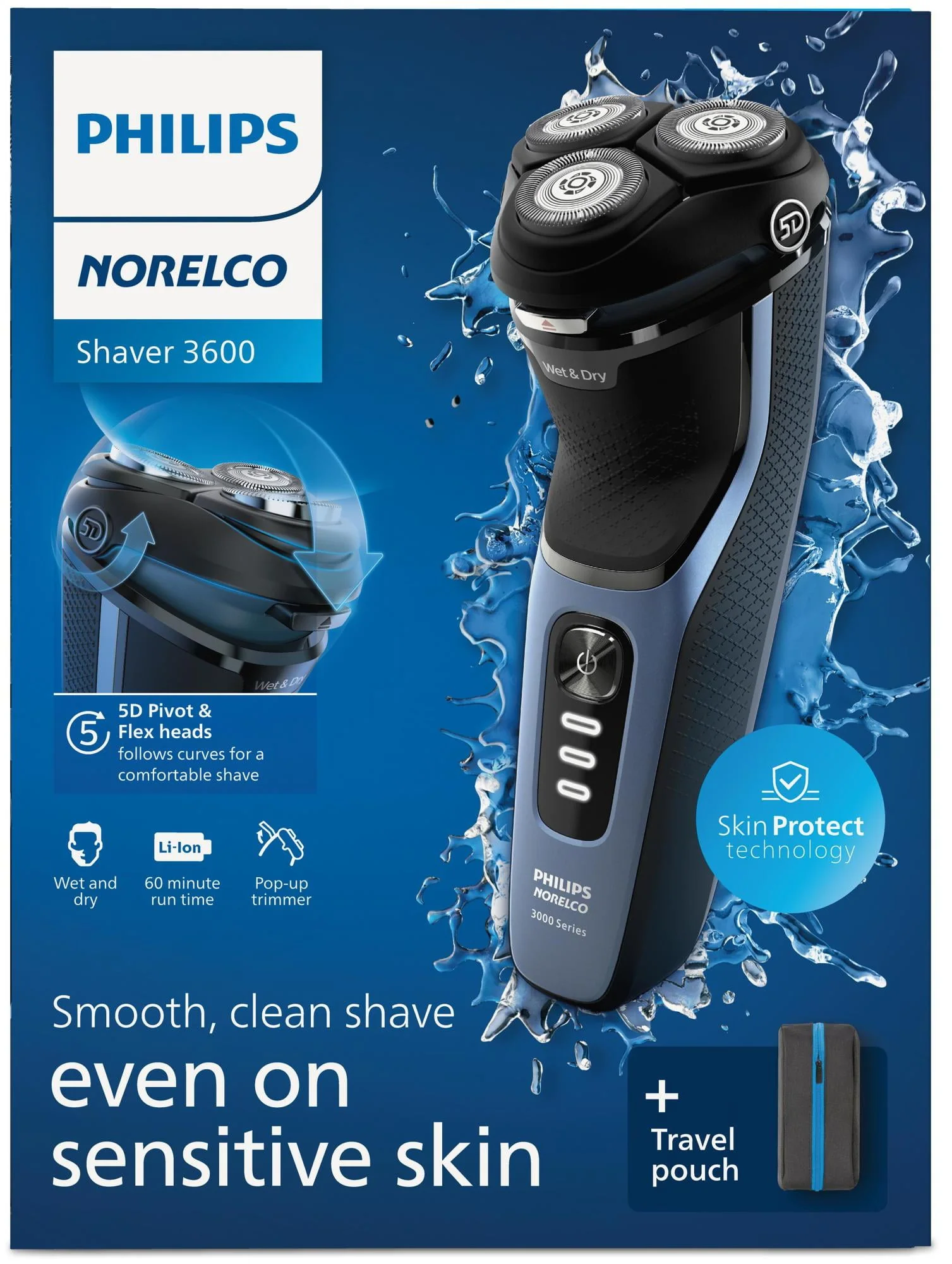 Philips Norelco Shaver 3600, Rechargeable Wet & Dry Electric Shaver with Pop-Up Trimmer and Storage Pouch