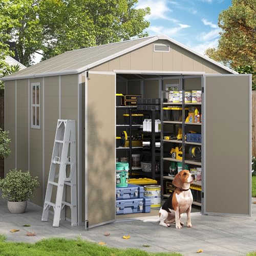 Outdoor Storage Shed, 6x6 FT Resin Shed with Floor and Lockable Door, Window, Vents, Tool Sheds and Outdoor Storage for Bike, Garden Accessories, Tools, Waterproof (Grey & White)