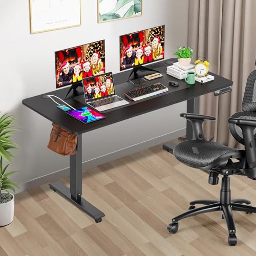 farexon Electric Standing Desk 55 x 24In with Charging Station, Stand up Desk with Oversized Mouse Pad, 2 USB Ports & 3 Power Outlets, 4 Caster, 4 Preset Heights Easy to Set（Brown）