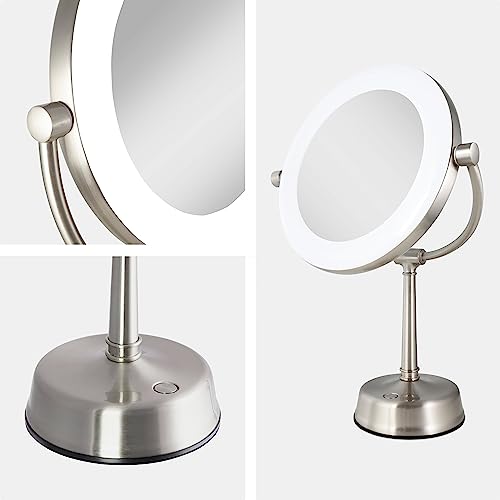 Zadro Lexington LED Lighted Makeup Mirror with Magnification Two-Sided Swivel Mirror with Lights for Makeup Desk Vanity (10X/1X, 12" W x 20" H, 10" Head, 7.5" Mirror, Satin Nickel)