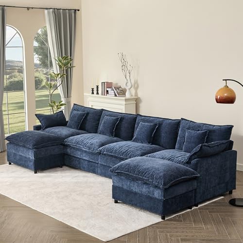 108" U Shaped Couch, Modular Sectional Sofa, 3-Seater Comfy Cloud Couch with Movable Ottoman, Deep Seat Couches for Living Room, Chenille, Black