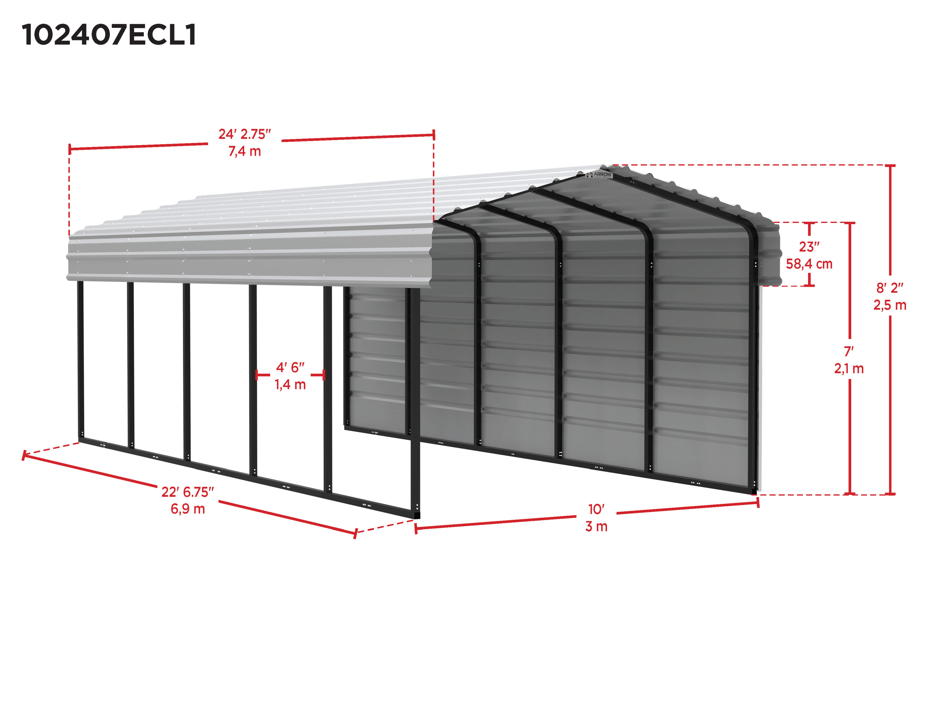 Arrow Carports Galvanized Steel Carport, with 1-Sided Enclosure, Compact Car Metal Carport Kit, 10' x 24' x 7', Charcoal