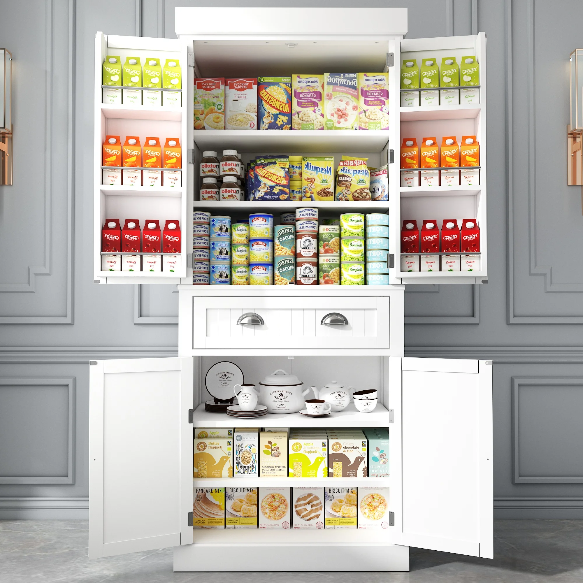 ChVans 72" Tall Kitchen Pantry with 4 Doors, Storage Cabinet with 1 Large Drawer 6 Hanging Shelves, Freestanding Cupboard for Dining Room Living Room(White)