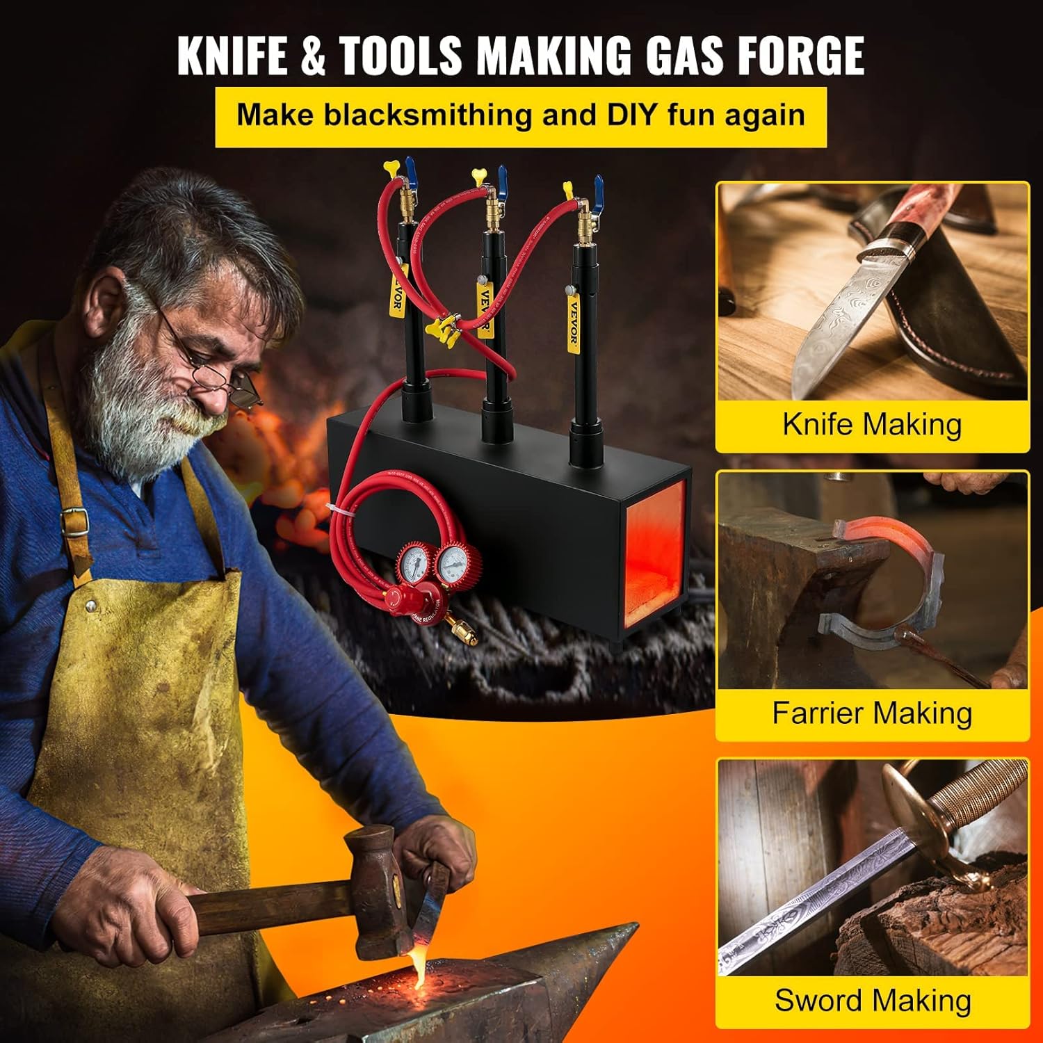 VEVOR Portable Propane Forge Three Burners and Open Structure, Propane Burner Forge Large Capacity, Square Metal Blacksmithing Forge for Knife and Tool Making Equipment