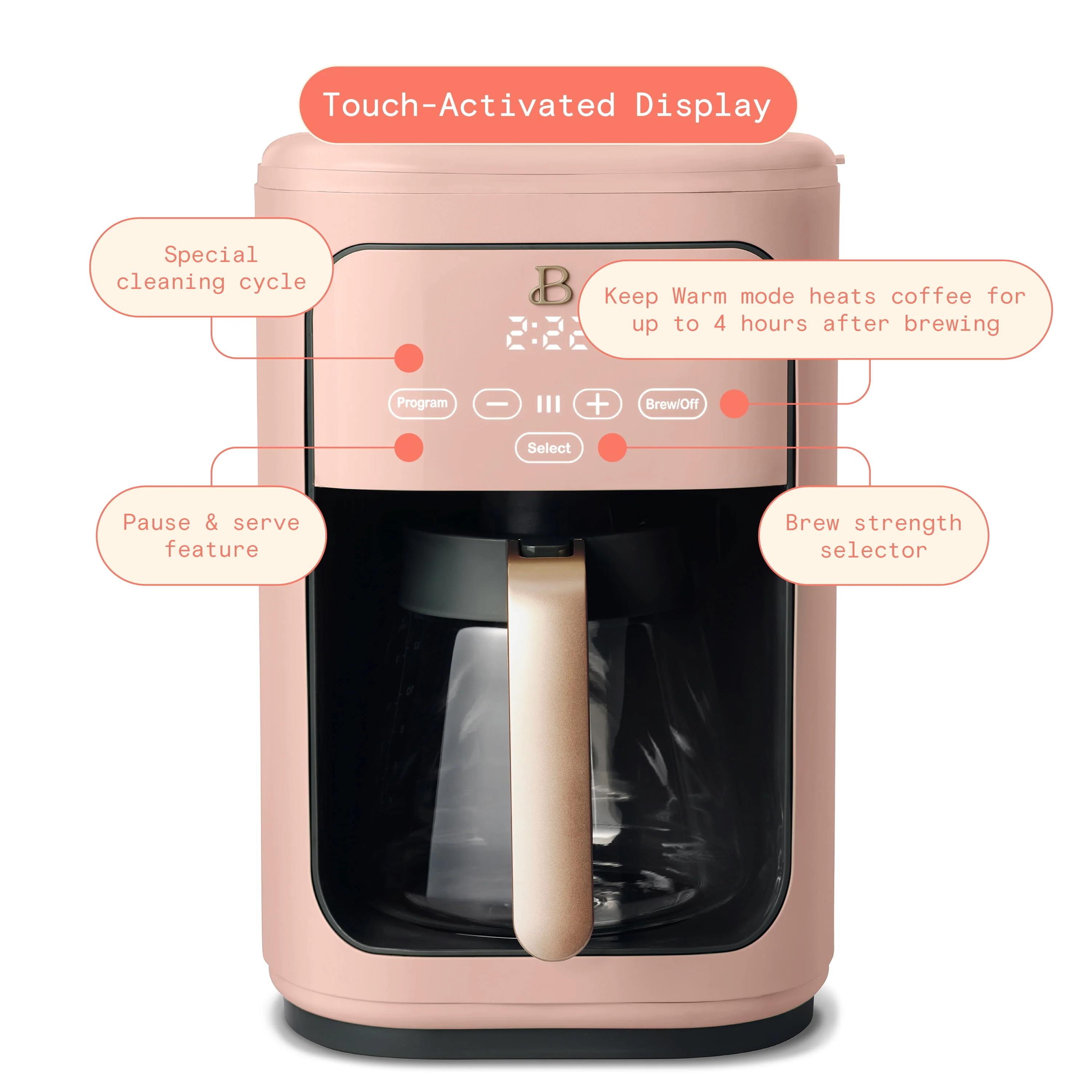 Beautiful 14-Cup Programmable Drip Coffee Maker with Touch-Activated Display, White Icing by Drew Barrymore