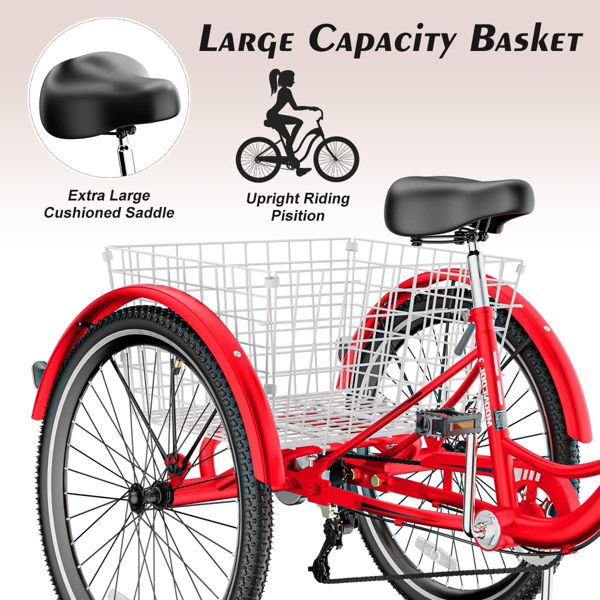 Adult Tricycle 7 Speed 3 Wheel Bike Adult Trikes, Three-Wheeled Bicycles Cruise Trike with Basket for Seniors, Women, Men for Recreation Shopping (26", Red)