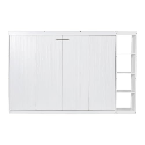 Full Size Horizontal Murphy Bed with Shelves, Full Murphy Bed with Side Bookcase, can be Folded into a Cabinet, Hideaway Wall Bed Space-Saving for Guest Room Bedroom Office, Natural