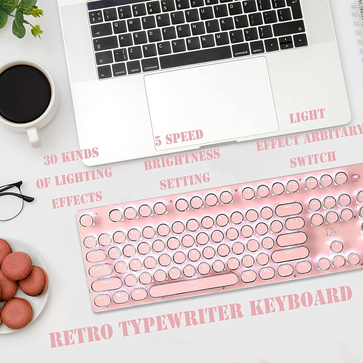 Mechanical Gaming Keyboard and Mouse Combo, Retro Typewriter-Style Wired Computer Keyboard Mouse Combo, 104 Keys White Backlight Compact PC Gaming Keyboard, Great Gift for Girls/Women (Pink)
