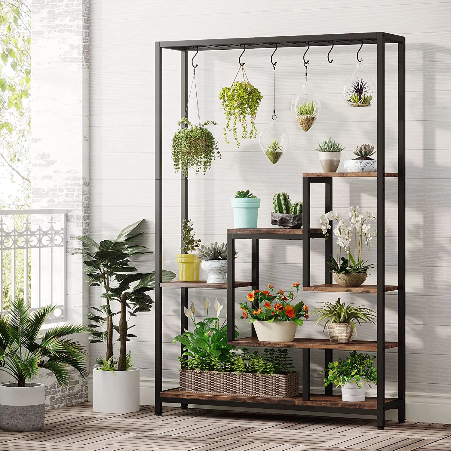 Tribesigns 5-Tier Tall Indoor Plant Stand, 70.9 inches Metal Large Plant Shelf with 10PC S Hanging Hooks, Multi-Purpose Flower Bonsai Pots Display Rack for Indoor, Garden, Balcony, Living Room