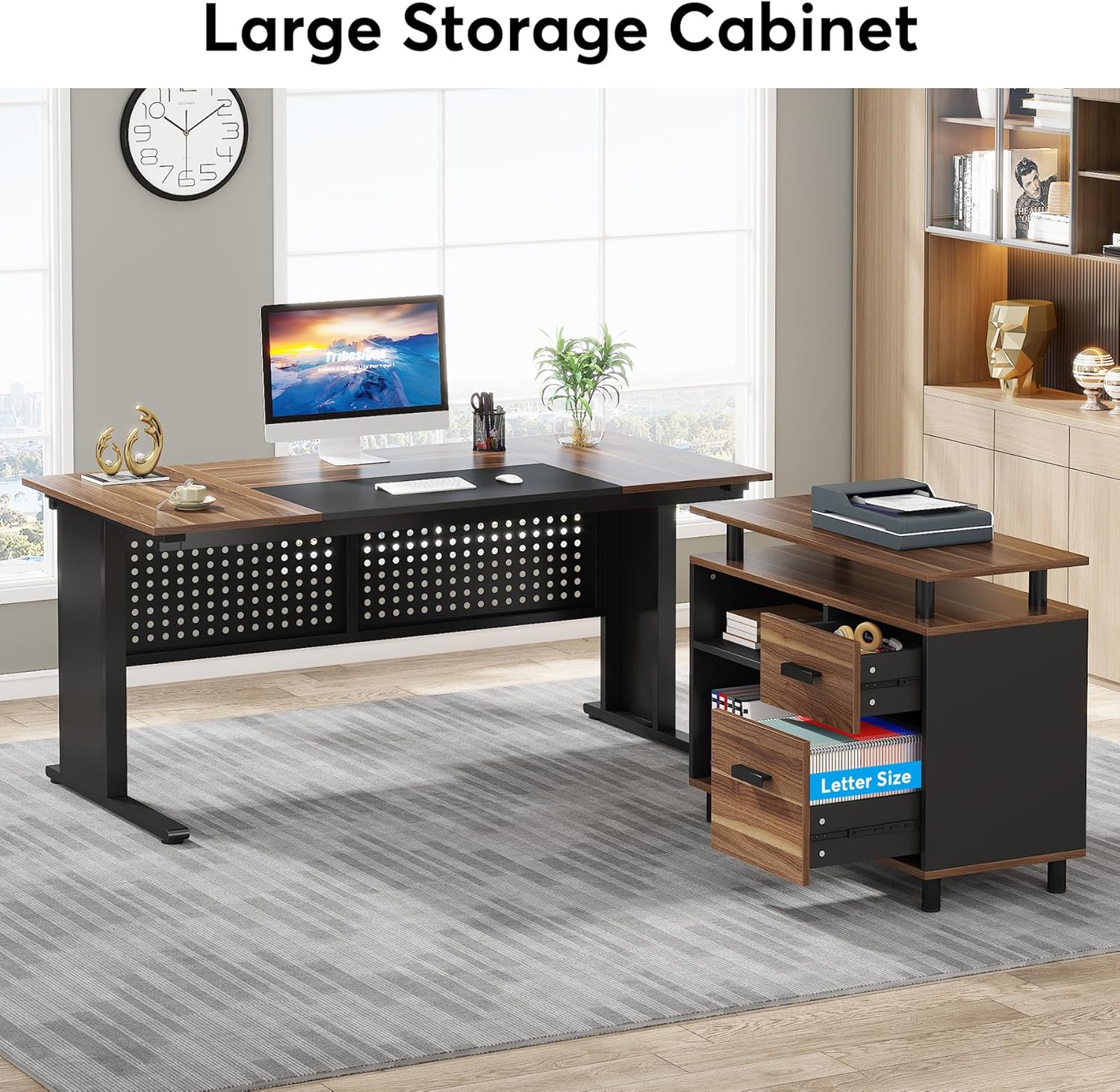 Large Computer Desk with File Cabinet, 63 Inch Executive Desk L Shaped Office Desk, Business Furniture Desk Workstation for Home Office, Brown and Black
