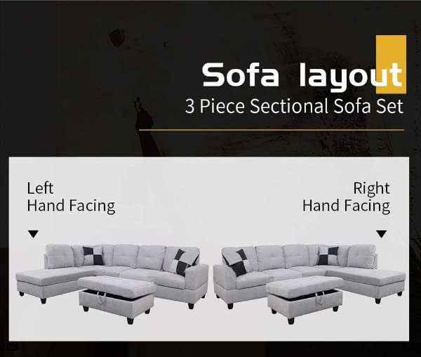 3 PCS L-Shaped Sectional Couch Sofa Set, Linen Fabric Living Room Set with Storage Ottoman and Match Pillows (Left Hand Facing, Grey White)