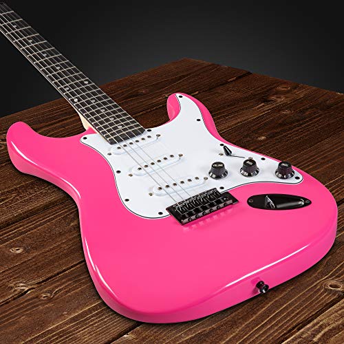LyxPro 39 inch Electric Guitar Kit Bundle with 20w Amplifier, All Accessories, Digital Clip On Tuner, Six Strings, Two Picks, Tremolo Bar, Shoulder Strap, Case Bag Starter kit Full Size - Red