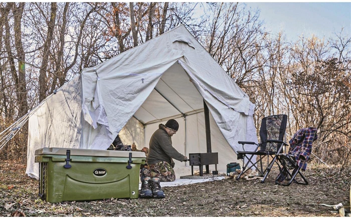 Guide Gear 10x12' Canvas Wall Tent and Frame for Hunting, Outdoor Camping, 4 Season All Weather Tents with Stove Jack Opening