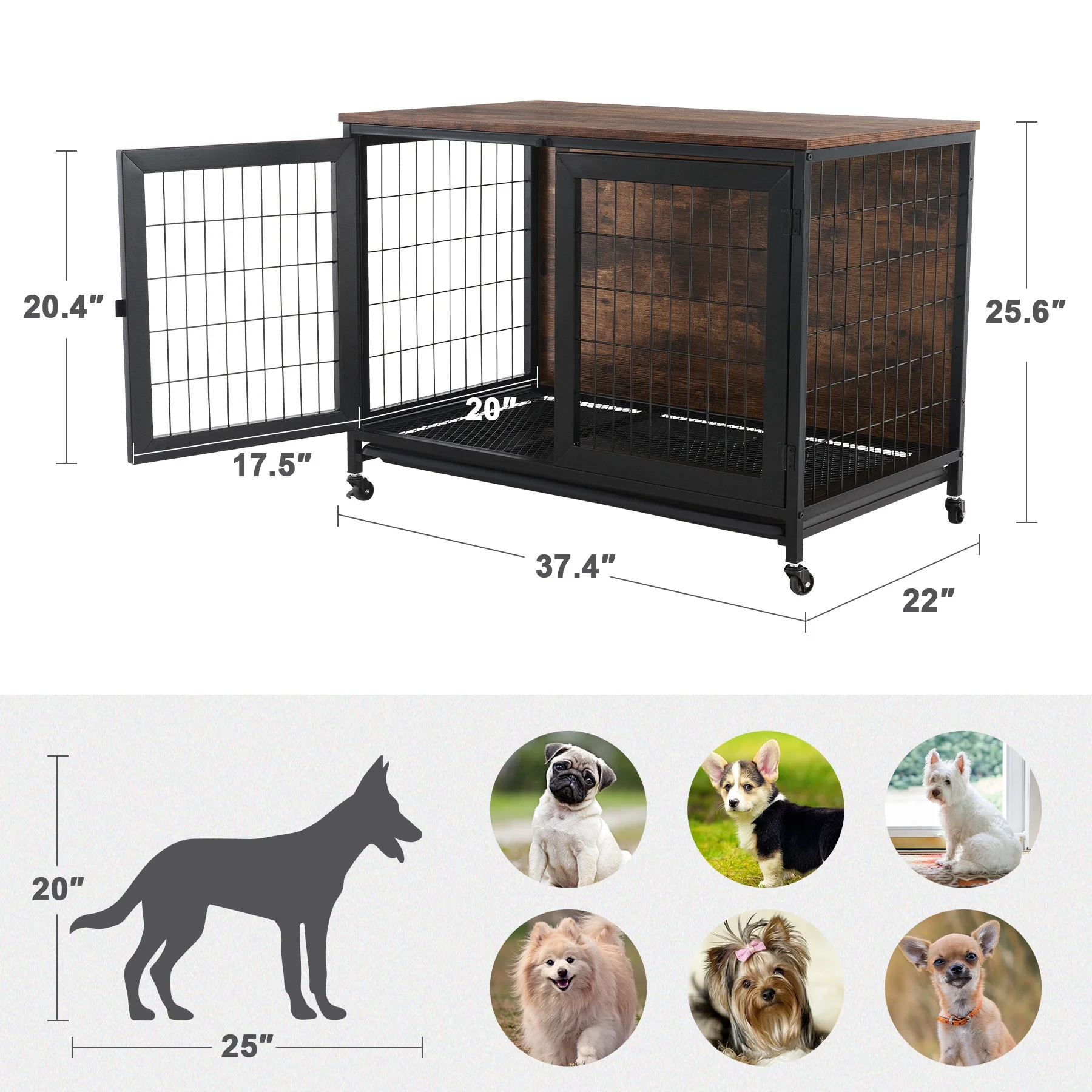 CO-Z Wooden Dog Crate End Table Triple Door Kennel with Wheels for Large Medium Dogs