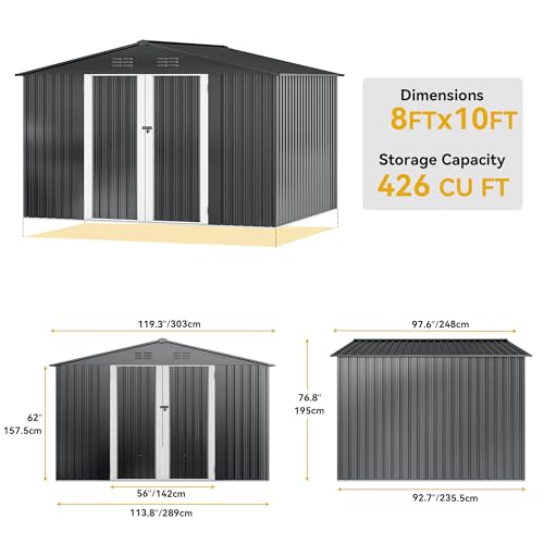 DWVO 10x8 FT Outdoor Storage Shed - Spacious Garden Tool Shed with Lockable Door - Durable Metal Yard Shed for Garden, Patio, and Backyard (Dark Gray)
